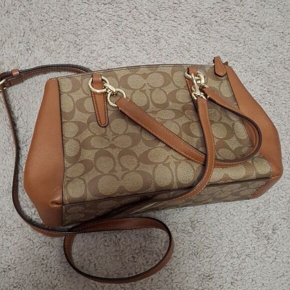COACH Mini Christie Carryall Purse Crossbody Signature Brown Gold Logo - Picture 2 of 10